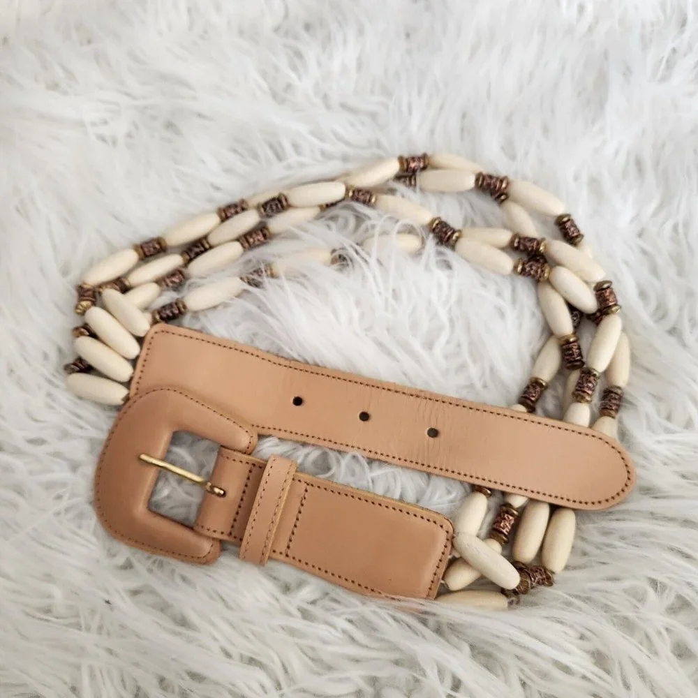 Express Leather Belt Cinch Style With‎ Buckle Leather Beaded Jeweled Boho Small